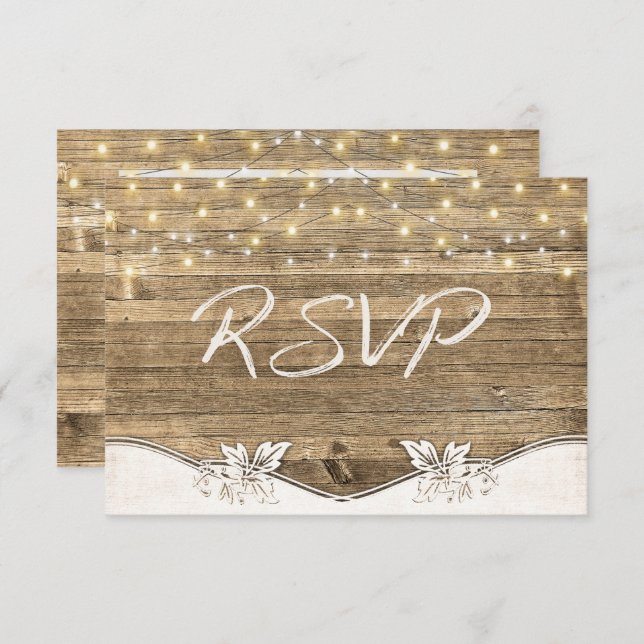 Convite RSVP de casamento - madeira e luzes brilhantes (Frente/Verso)