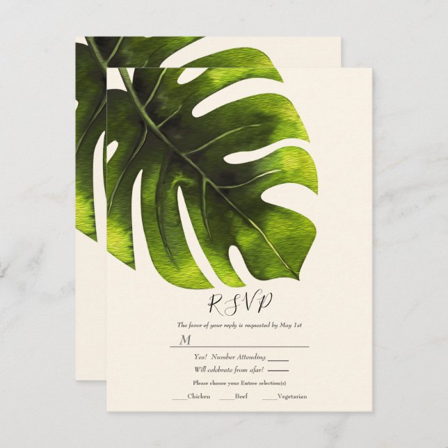 Convite RSVP de Casamento Moderno Elegante de Palma Tropic (Frente/Verso)