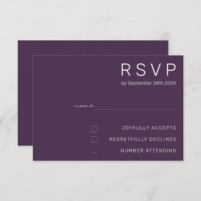 Convite RSVP de Casamento Moderno Roxo Mínimo do Pastel El (Frente/Verso)
