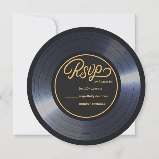 Convite RSVP de Casamento Negro do Registro de Vinilo Retr (Frente)