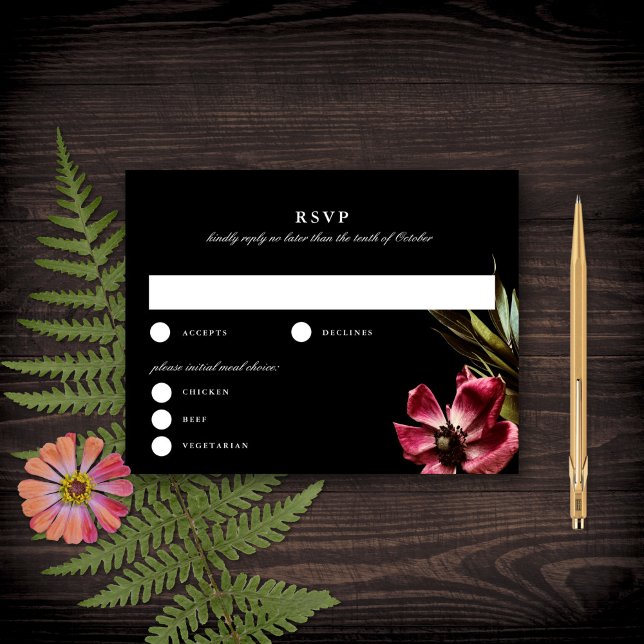 Convite RSVP de Casamento Negro Floral Elegante Escuro + M (Criador carregado)