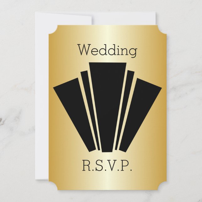 Convite RSVP De Casamento Preto E Dourado Art Deco (Frente)