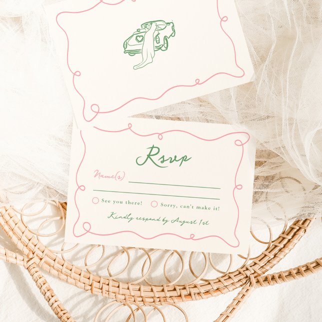 Convite RSVP de Casamento Rosa e Verde Desenhado Mão Branc (Criador carregado)