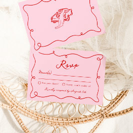 Convite RSVP de Casamento Rosa e Vermelho Desenhado à Mão 