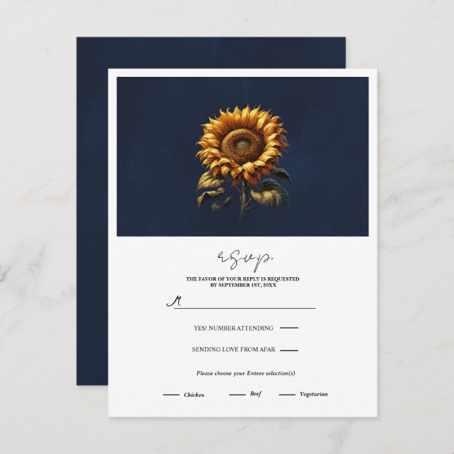 Convite RSVP de Casamento Russo de Girassol Azul (Frente/Verso)