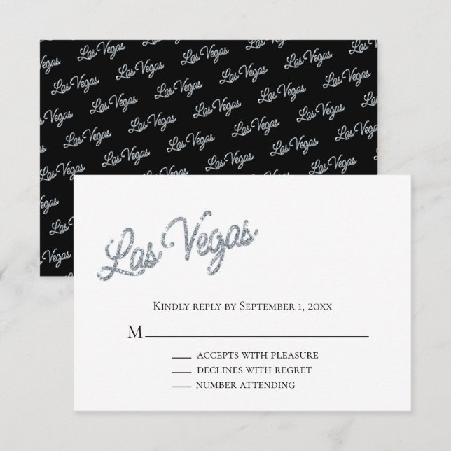 Convite RSVP de Casamento Silver Las Vegas Sparkles (Frente/Verso)
