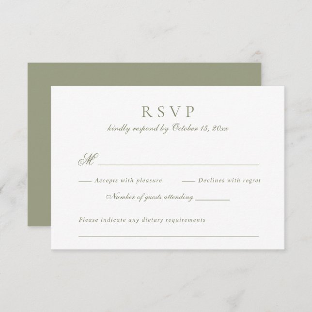 Convite RSVP de Casamento Verde Sage, Script Elegante Mode (Frente/Verso)