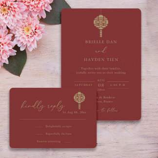 Convite RSVP de Casamento Vermelho de Lanterna Chinesa Mod