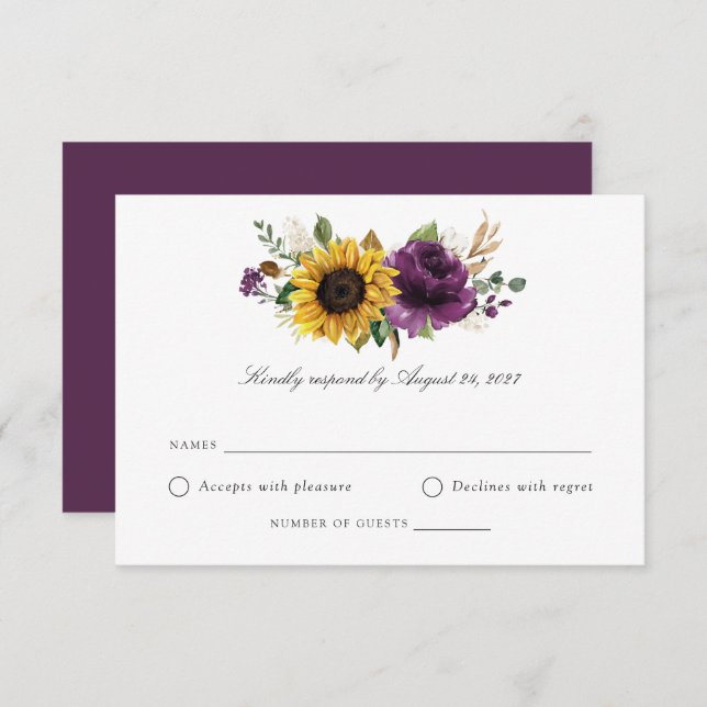 Convite RSVP de Casamento Violeta Violeta Roxo (Frente/Verso)