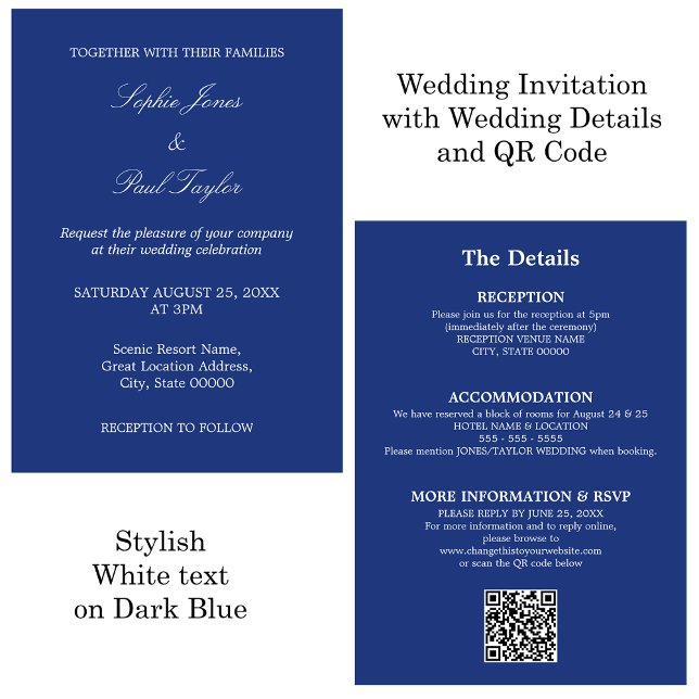 Convite RSVP de Código QR de Casamento Azul Escuro (Criador carregado)