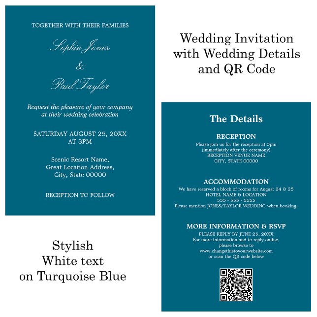 Convite RSVP de Código QR de Casamento Azul Turque (Criador carregado)