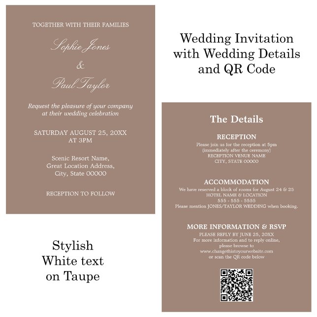 Convite RSVP de Código QR de Casamento de Taupe (Criador carregado)