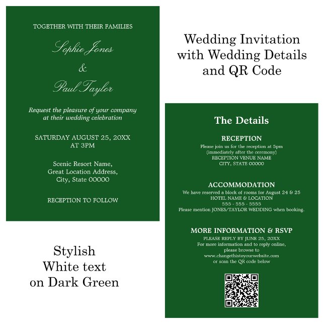 Convite RSVP de Código QR de Casamento Verde Escur (Criador carregado)