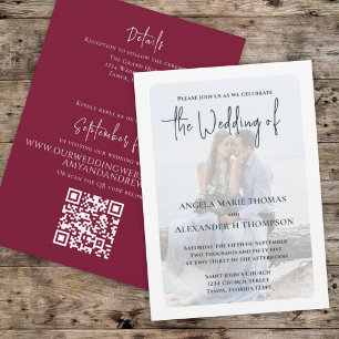 Convite RSVP de Código QR de Foto Mínimo da Borgonha Elega