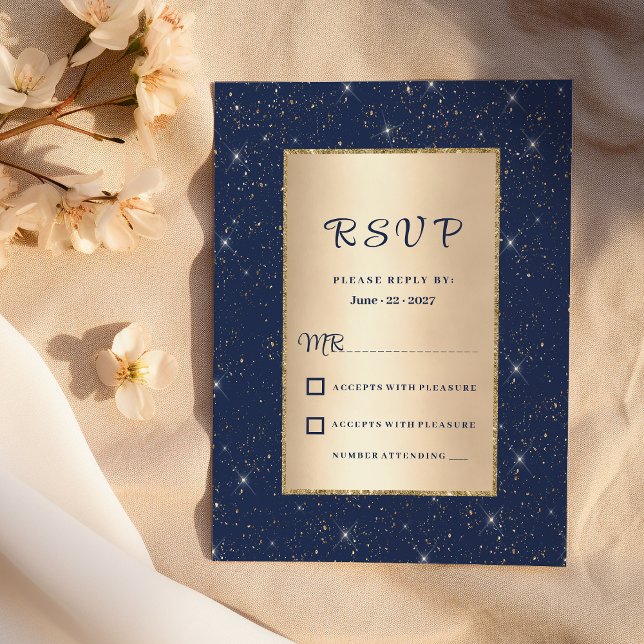 Convite RSVP de configuração de brilho azul do marinho Ele (Elegant navy blue gold glitter confetti RSVP)