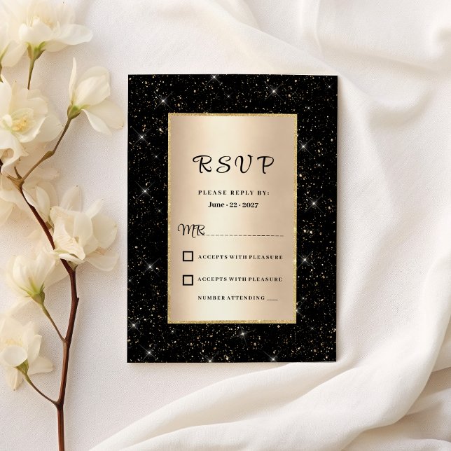 Convite RSVP de configuração de brilho preto Elegante (Elegant black gold glitter confetti RSVP )