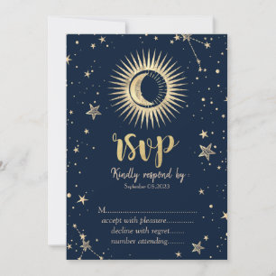 Convite RSVP de estrelas Douradas celestiais Sun e lua