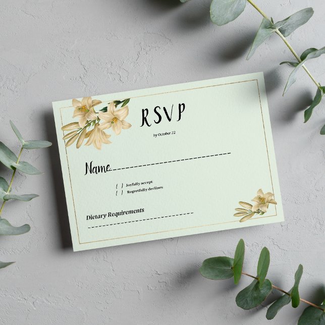 Convite RSVP de flor branca branca de marfim de menta Dour (Gold ivory mint green white lily flower RSVP)