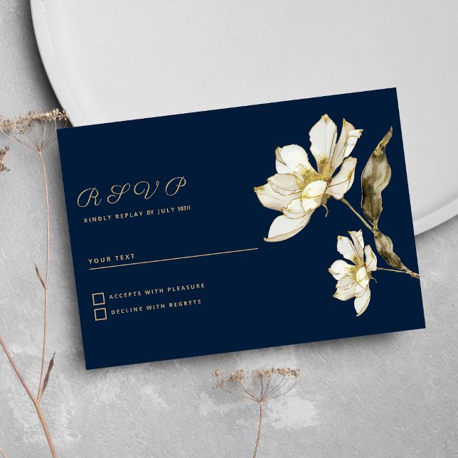 Convite RSVP de flor branca de marinho azul de luxo (Luxury navy blue gold white glitter flower RSVP)
