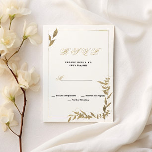 Convite RSVP de folhagem branca e dourada Elegante
