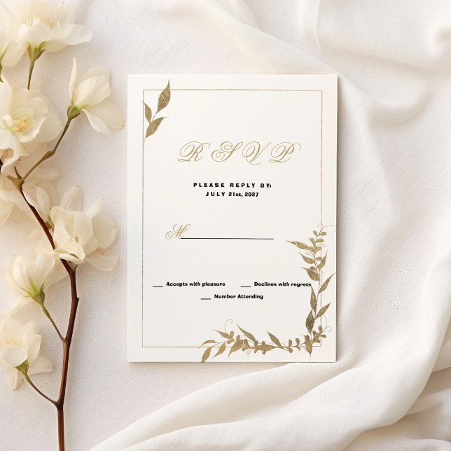 Convite RSVP de folhagem branca e dourada Elegante (Elegant white and gold foliage RSVP )