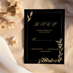 Convite RSVP de folhagem de ouro e preto de luxo