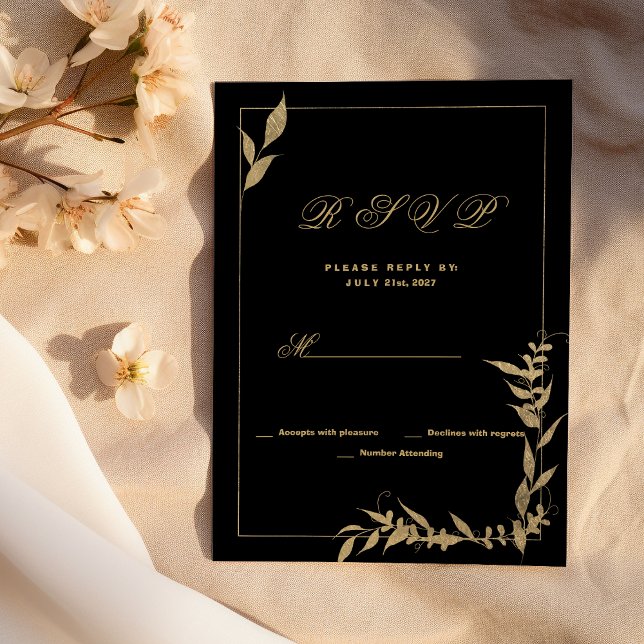 Convite RSVP de folhagem de ouro e preto de luxo (Luxury black and gold foliage RSVP )