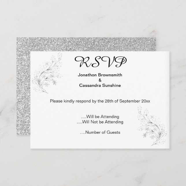 CONVITE RSVP DE GLITTER DE PRATA DE PRATA SILVER SILVER (Frente/Verso)