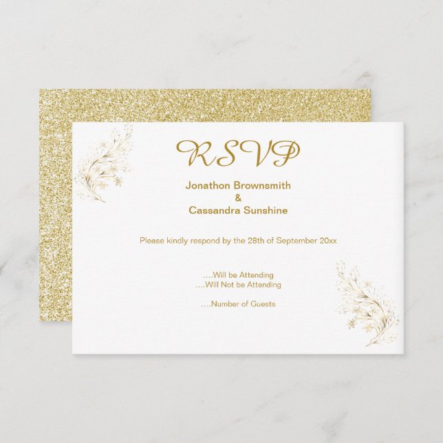 CONVITE RSVP DE GLITTER DOURADO DE LEAF DOURADA SIMPLES E  (Frente/Verso)