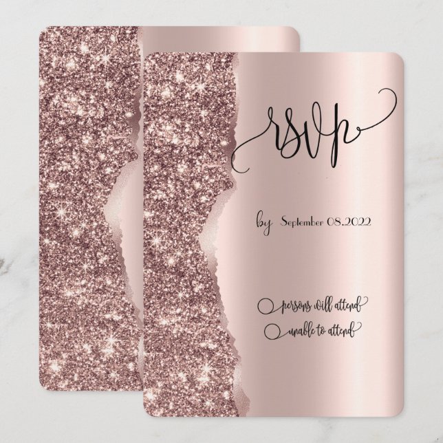 Convite RSVP de Glitter Dourado do Rosa de luxo Elegante (Frente/Verso)