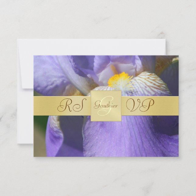 Convite RSVP de Íris Roxo do Monograma Dourado (Frente)