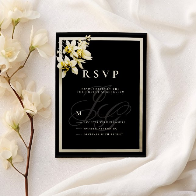 Convite RSVP de Orquídea de Monograma Preto (Black ivory monogram initials orchid RSVP )
