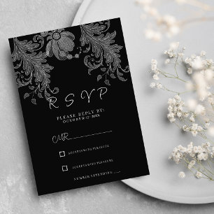Convite RSVP de renda floral preto e branco elegan