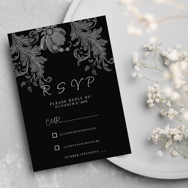 Convite RSVP de renda floral preto e branco elegan (Elegant black and white floral lace RSVP )