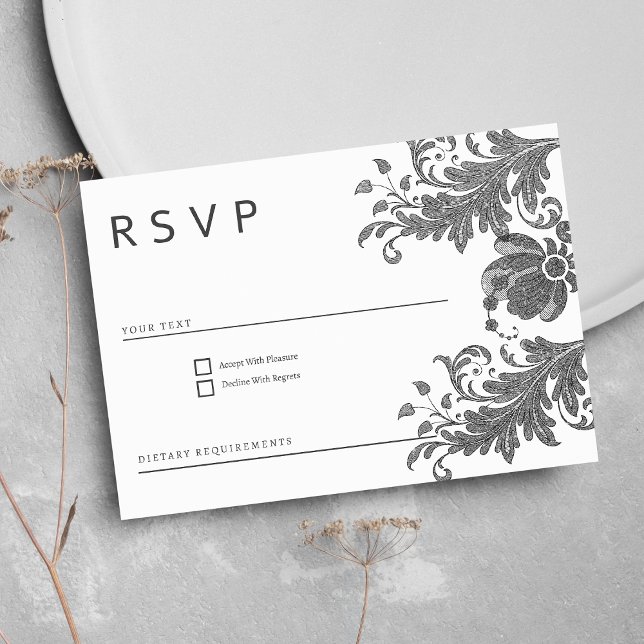 Convite RSVP de renda floral simples preto branco brilhant (Simple black white glitter floral lace RSVP )