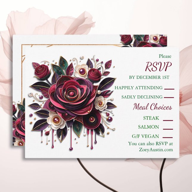 Convite RSVP de Rosas e Pérolas de Papel Enfileirado (Criador carregado)