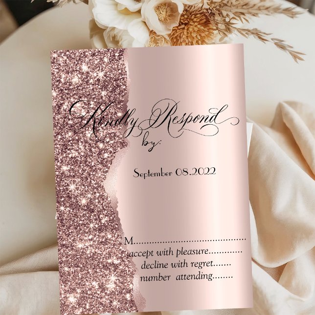 Convite RSVP de Script Glitter Dourado do Elegante Rosa (Criador carregado)