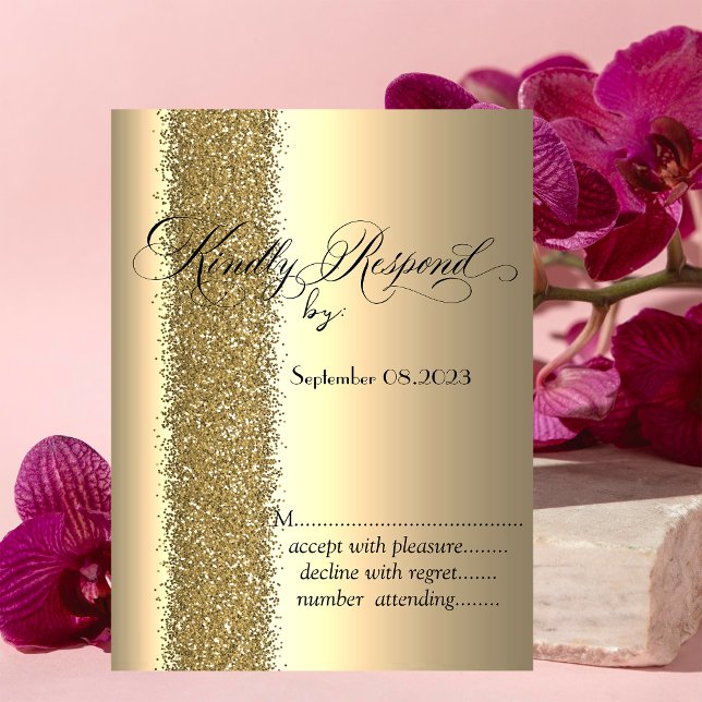 Convite RSVP de Script Glitter Dourado Elegante (Criador carregado)