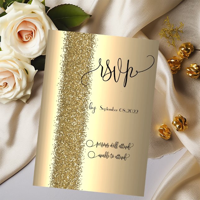 Convite RSVP de Script Glitter Dourado Elegante (Criador carregado)