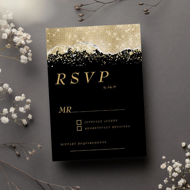 Convite RSVP do confete da luz dourada negra do luxo (Luxury black gold silver glitter confetti RSVP )
