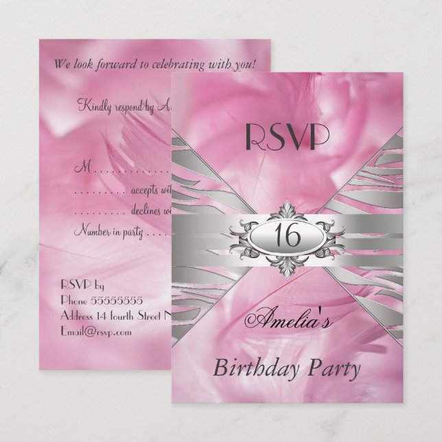 Convite RSVP Doce 16 Rosa (Frente/Verso)
