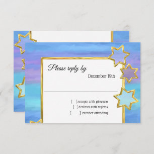 Convite RSVP Dourada Estrelas de Turquesa Roxo