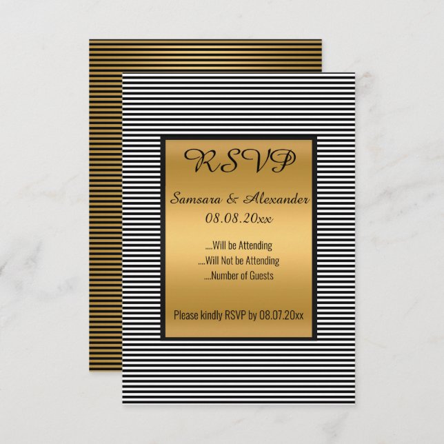 Convite RSVP Dourado Branco preto (Frente/Verso)