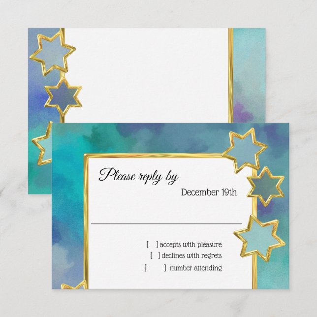Convite RSVP Dourado de design abstrato de estrela azul (Frente/Verso)