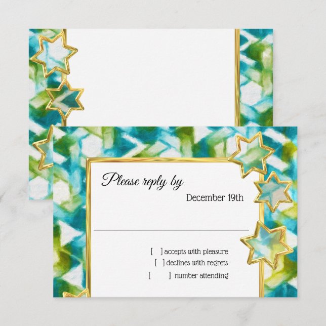 Convite RSVP Dourado Star Blue Damask (Frente/Verso)