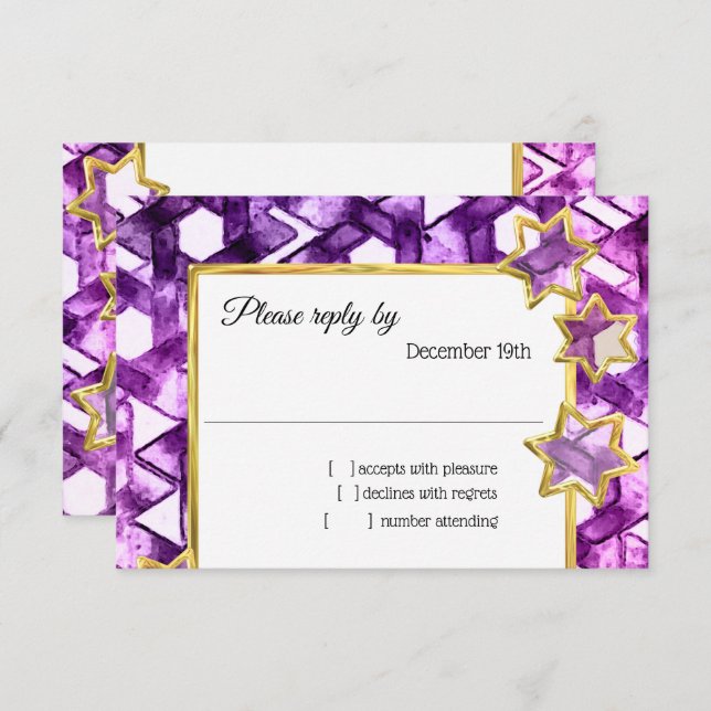 Convite RSVP Dourado Star Purple Damask (Frente/Verso)
