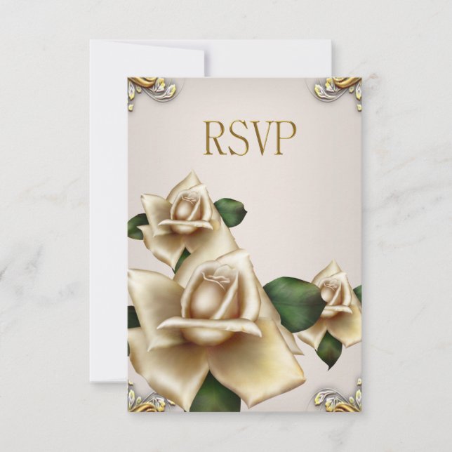 Convite RSVP Elegante Casamento Dourado Cream Beige Rosas (Frente)