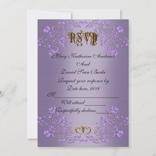 Convite RSVP elegante cetim violeta casamento (Frente)