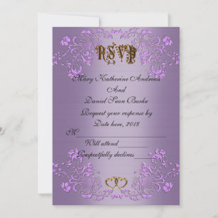 Convite RSVP elegante cetim violeta para casamento