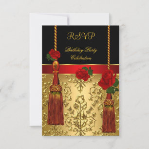 Convite RSVP Elegante Damask Preto Dourado Vermelho Festa 